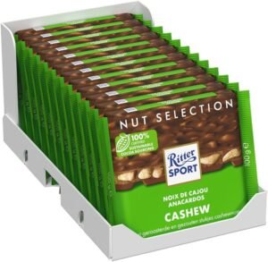 RITTER SPORT, CASHEW / MILK CHOCOLATE WITH SALTED CASHEW NUTS