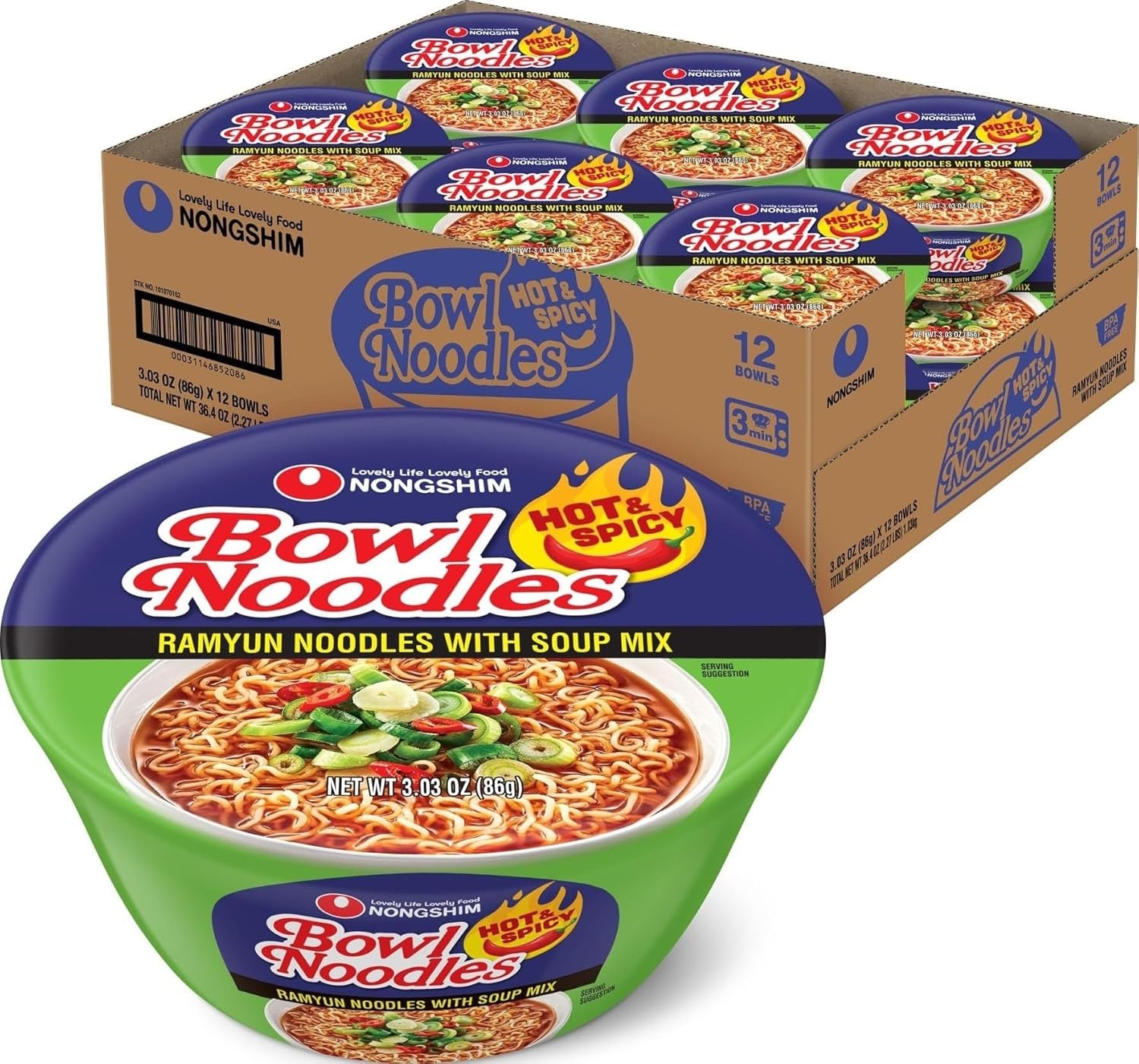 NONGSHIM BOWL NOODLES HOT & SPICY 12 CT