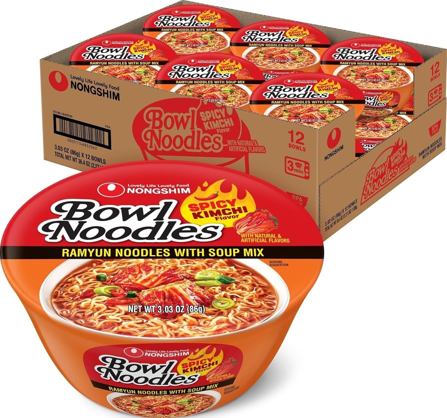 NONGSHIM BOWL NOODLES HOT & SPICY KIMCHI 12 CT